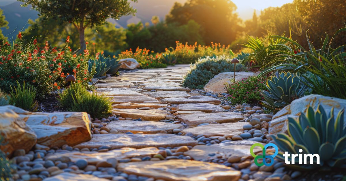 Xeriscape garden with agave, boulders, and decomposed granite